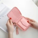 Portofel mini de călătorie pentru femei cu fermoar Pompom decorativ pe lanț Compartimente pentru carduri Piele PU și poliester Dimensiune 11 5