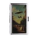 Pouzdro na karty Vintage styl 10 x 6 x 2 cm Kovové Stříbrné Motiv UFO a krávy ve stylu staré malby Dvě přihrádky Na vizitky a karty 1