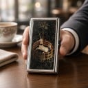 Pouzdro na karty Vintage styl 10 x 6 x 2 cm Kovové Stříbrné s tmavým víkem Motiv jednorožce v ohradě Dvě přihrádky Na vizitky a karty 2