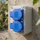 Presente esterno impermeabile da parete 2× EU 16A 220–250V, 130×80×85 mm, plastica ABS, grigio-blu, per casa, garage, officina e ricarica auto 5