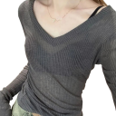 Priesvitné dámske tričko s dlhým rukávom Výstrih do V Ľahký materiál Voľný strih Sexy off-shoulder top na vrstvenie i samostatné nosenie 5
