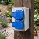 Priză de perete exterioară rezistentă la apă 2× EU 16A 220–250V, 130×80×85 mm, plastic ABS, gri-albastru, pentru casă, garaj, atelier și încărcarea mașinii 6