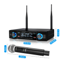 Profesionálny bezdrôtový karaoke mikrofónny systém 2 mikrofóny 24x5 cm prijímač 20,6x15,6x4,2 cm dosah 50 m XLR 6,35 mm kábel adaptér 2