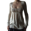 Pull beige pour femme à manches longues Top élégant uni avec décolleté Pull à la mode confortable en polyester et coton Style décontracté 2