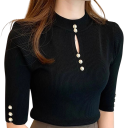 Pull en tricot pour femmes à manches mi-longues et décolleté rond avec un léger décolleté à la poitrine Top uni en acrylique et coton Style élégant 13