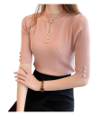 Pull en tricot pour femmes à manches mi-longues et décolleté rond avec un léger décolleté à la poitrine Top uni en acrylique et coton Style élégant 8
