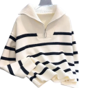 Pullover feminino de manga longa com decote em V com fecho de correr Pullover elegante branco com riscas pretas Tamanho universal em acetato 2