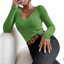 Pullover feminino em malha de algodão e acrílico com decote em V Sweater elegante de uma só cor com mangas longas Tamanho universal para uso diário 11