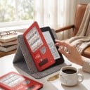 Punainen flip-kotelo 6 tuumaa Kindle 10. sukupolvelle 2019 piirroskuvalla juoma-automaatti ja hahmot, mukana hihna ja suojakalvo 2