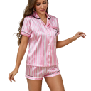 Pyjama en velours pour femmes avec col et décolleté en V Manches courtes et shorts Ensemble uni en polyester et élasthanne Modèle d'été élégant 14