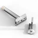 Rasoir classique pour homme à lames avec mécanisme d'ouverture rotatif en bas en alliage de zinc argenté rasage manuel de la barbe 6