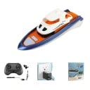 RC blå-orange båt 4 x 4,5 x 14 cm Dubbel motor 8 km/h LED-lampor 2,4 GHz 4 kanaler 30 m räckvidd Litiumbatteri 3,7 V 100 mAh USB-laddning 1