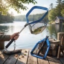 Rede de Pesca Dobrável com Vara Telescópica de Dois Segmentos de 100 cm Rede com Malha Hexagonal Cabo em Espuma e Mosquetão para Captura 4
