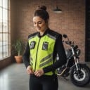 Refleksivä liivi moottoripyöräilyyn ilman hihoja Refleksipinnat ja vetoketju koko pituudelta Polyesteri Neonkeltaisena mustilla osilla 11