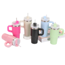 Reise-Thermoskanne mit Griff und Deckel mit abnehmbarem Strohhalm 410 ml Edelstahl Thermobecher für Auto für Kaffee Tee und kalte Getränke 12