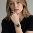 Relojes de lujo para dama con piedras en la esfera Fecha Bisel dorado estriado Pulsera dorado-plata de cinco filas Resistente al agua 5 ATM 7