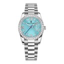 Relojes de lujo para mujeres con piedras, números romanos y fecha con manecillas, Caja de 32 mm, Cristal de zafiro, Acero inoxidable 10