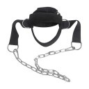 Reposacabezas de refuerzo con cadena metálica y acolchado de neopreno para entrenamiento de cuello y nuca en fitness o rehabilitación. 1