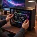 Reversibler ARGB-Lüfter für Computergehäuse 240 mm mit zwei Rotoren im verbundenen Rahmen mit einer Dicke von 28 mm und spiegelnder 8