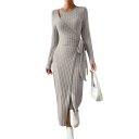 Ribbed Knit Dress with Long Sleeves and Belt Elegant Stretchy Midi Dress with Split and Asymmetrical Neckline 4