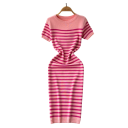 Ribbed Knit Dress with Short Sleeves Elegant Fitted Cut Striped Pattern Comfortable Everyday Wear Fashionable Work Dress 4