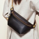 Riñonera de piel auténtica para mujer Bolso cruzado Cremallera dorada Cadena decorativa con pompón Correa ajustable 16 x 7 x 25 cm 5