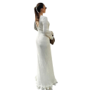 Robe blanche en tricot à manches longues Robe longue côtelée avec lacets dans le dos Jolis volants Maxi robe avec décolleté 2