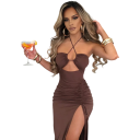 Robe de soirée longue à décolleté plongeant Fronces à l'avant Fente haute avec cordon Liens autour du cou Coupe ajustée 3