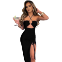 Robe de soirée longue à décolleté plongeant Fronces à l'avant Fente haute avec cordon Liens autour du cou Coupe ajustée 4