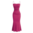 Robe de soirée longue à fines bretelles bustier froncé tissu élastique bas élargi coupe ajustée style élégant 7