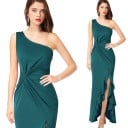 Robe longue femme à une épaule Coupe ajustée asymétrique Fente haute avec volant Drapé à la taille Polyester avec coton Pour une soirée 5