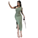 Robe maxi élégante longue à bretelle asymétrique coupe ajustée fronces à la taille fente haute longueur sous le genou robe de soirée 4