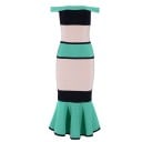 Robe midi bandage pour femme avec épaules dénudées et volant Rayures en combinaison de turquoise, noir et poudreux Tissu en polyester extensible 1