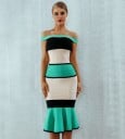 Robe midi bandage pour femme avec épaules dénudées et volant Rayures en combinaison de turquoise, noir et poudreux Tissu en polyester extensible 2