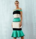 Robe midi bandage pour femme avec épaules dénudées et volant Rayures en combinaison de turquoise, noir et poudreux Tissu en polyester extensible 4