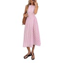 Robes d'été midi à rayures sans manches avec décolleté carré et taille en pointe avec jupe évasée froncée 1