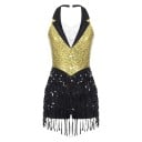 Robes de danse pour femmes avec paillettes et franges, style gilet avec col, coupe halter derrière le cou, polyester élasthanne 1
