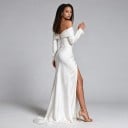 Robes de mariée longues pour femmes avec épaules dénudées et manches longues, fente haute et lacets au dos, blanches avec traîne 8