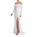 Robes de mariée longues pour femmes avec épaules dénudées et manches longues, fente haute et lacets au dos, blanches avec traîne 2