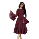Rochie de cocktail cu o fusta bogata in mai multe straturi Maneci cu volane Croiala eleganta Maneci lungi Inchidere cu nasturi Model social de lux 8