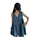 Rochie de damă din denim fără mâneci, cu decolteu în V și nasturi, lejer de vară, cu buzunare la piept și pliuri în talie 2