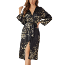 Rochie de noapte cu model floral Rochie elegantă ușoară cu legare în talie dintr-un poliester fin pentru confortul acasă, relaxare și purtare zilnică 3