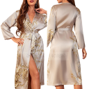 Rochie de noapte pentru femei cu model floral Rochie ușoară din poliester și mătase artificială Legare în jurul taliei Rochie elegantă de casă pentru femei 6