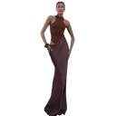 Rochie de seară lungă din satin, cu guler înalt și șolduri la vedere. Partea de sus a corp Croială croită Rochie elegantă cu bretele maro 5