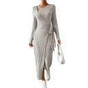 Rochie din tricot cu coaste, cu mâneci lungi și curea Rochie midi elastică elegantă, cu fante și decolteu asimetric 6