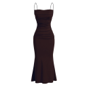 Rochie formala lunga, cu bretele subtiri, corset plisat, material elastic, tiv evazat, croi mulat, stil elegant 8
