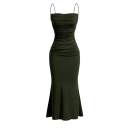 Rochie formala lunga, cu bretele subtiri, corset plisat, material elastic, tiv evazat, croi mulat, stil elegant 9