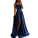 Rochie formală lungă cu fante Finisaj neted satinat Cu șireturi la spate Rochie de seară elegantă pentru bal de nuntă 4