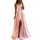 Rochie formală lungă cu fante Finisaj neted satinat Cu șireturi la spate Rochie de seară elegantă pentru bal de nuntă 5
