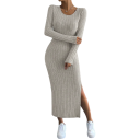Rochie lungă de damă din tricot, cu fante. Croială moale, cu mâneci lungi. Rochie eleganta confortabila cu decolteu rotund. 5